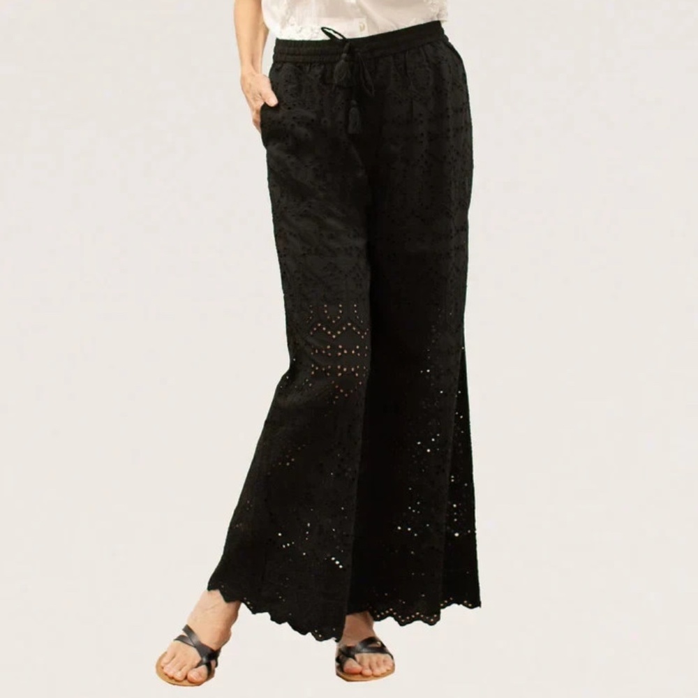 Caite & Kyla Seo womens sz M Black Joya Eyelet wide leg high rise pull on pants